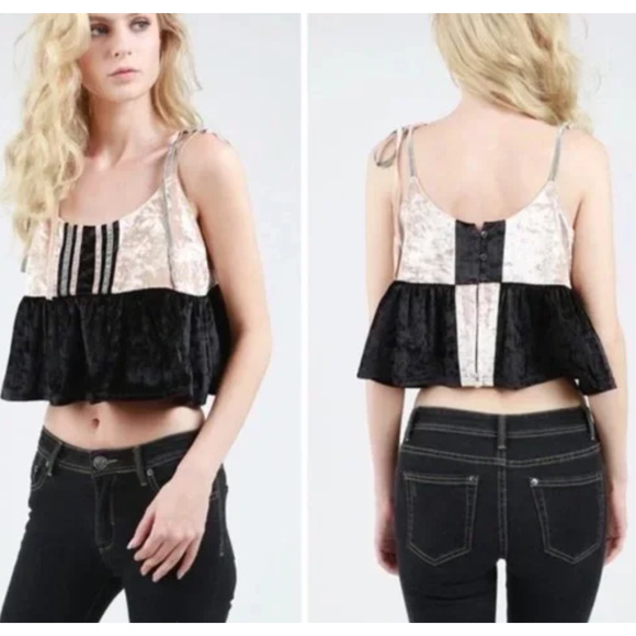 Black Velvet Babydoll Crop Top SMALL Ruffle Camisole Coquette Cottage Cami NEW - Picture 2 of 8